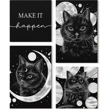 Obraz Sada nástěnných dekorací Galerie obrazů Černé kočky Měsíc Planety