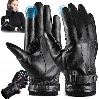 Rukavice ČERNÉ PÁNSKÉ RUKAVICE PRO ŘIDIČE PROTISKLUZOVÉ ZIMNÍ DOTYKOVÉ KOŽENÉ