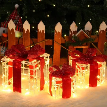 Obraz Sada 3 vánočních LED krabic, dekorace, řetěz 80 LED zlatý s mašlí