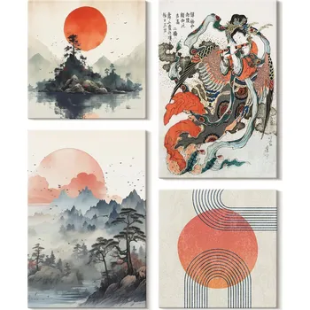 Obraz Sada Dekorací na Zeď Obraz Na Plátně Asijské Krajiny ve Stylu Japandi