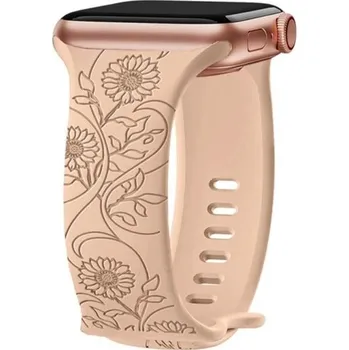 Květinový gravírovaný řemínek 42 mm pro Apple Watch Series 10 Laserově zdobený silikonový pásek se slunečnicemi Francouzský romantický styl Milk apricot