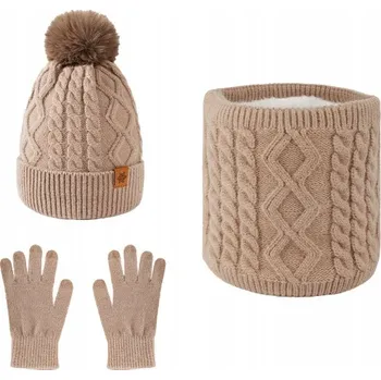 Čepice Dámská zimní sada NÁKRČNÍK ČEPICE , rukavic khaki teplá zimní sada