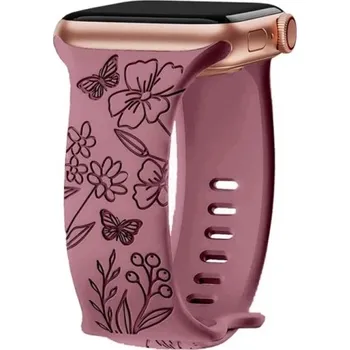 Ostatní příslušenství k chytrým hodinkám Květinový gravírovaný řemínek 38 40 41 mm pro Apple Watch S1–S10 SE Laserový silikonový pásek Motýli Divoké květiny Francouzský design fialová
