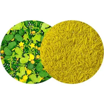 Jedlá dekorace na dort Cukrové zdobení žluté a zelené Spring Friends a tyčinky žluté (100 g) ♡
