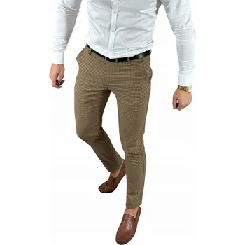 Hladké hnědé společenské kalhoty slim s jemným kostkovaným vzorem DJ021 - W34