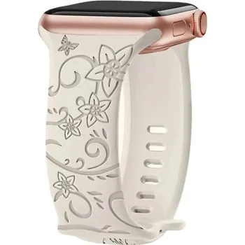 Květinový gravírovaný řemínek 38 40 41 mm pro Apple Watch S1–S10 SE Laserový silikonový pásek Motýli Květiny Francouzský design béžova