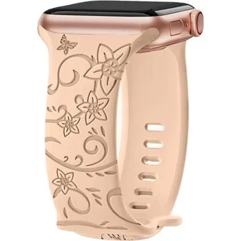 Květinový gravírovaný řemínek 42 mm pro Apple Watch Series 10 Silikonový pásek s motýly a květinami Elegantní francouzský design Milk apricot