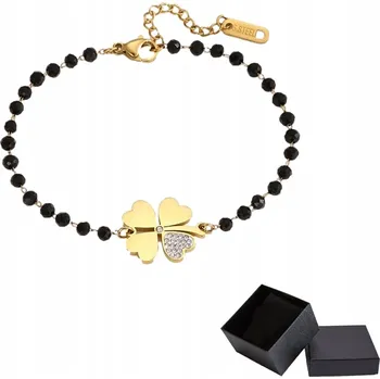 Náramek Zlatý náramek Křišťály Čtyřlístek a černými Korálky , chirurgická Ocel