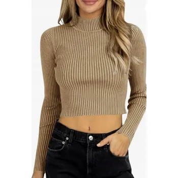 Dámský svetr Dámský Svetr Slim Rib Rolák, Dlouhý Rukáv, Pletenina, Střih Fit M světle hnědý