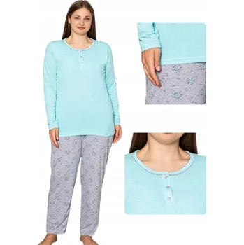 Dámské pyžamo Dámské pyžamo bavlněné mátové s dlouhým rukávem s květinami 3XL