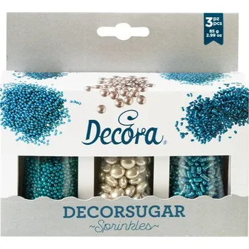 Jedlá dekorace na dort Decora cukrové zdobení modré a čokoládové lentilky stříbrné (85 g) ♡