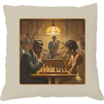 Polštář lněný vzhled s potiskem Jazz & Chess ke spaní
