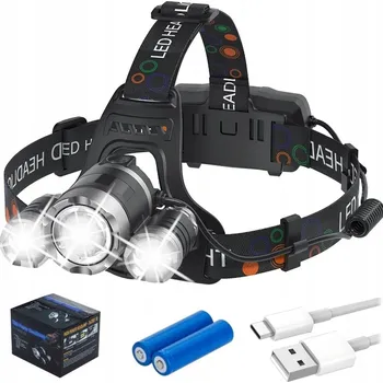Svítilna ČELOVKA 3x LED SVÍTILNA NA HLAVU 1000LM T6 + 2 NABÍJECÍ BATERIE