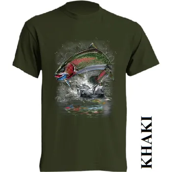 Pánská móda levne-bavlnene-tricko-potisk-pstruh Barva: Khaki, velikost: XXL