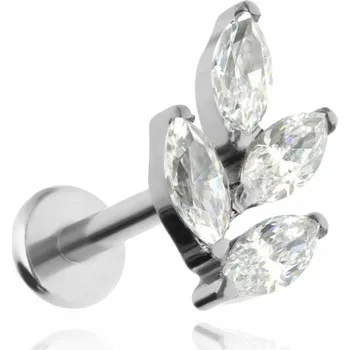 Náušnice Titanový labret s lístky a bílými zirkony - stříbrný 1,2/6