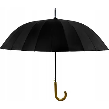 Černý automatický větruodolný deštník s dřevěnou rukojetí a pouzdrem