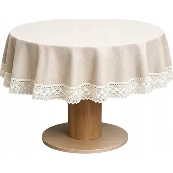 ubrus Lněný ubrus šedý béžový přírodní elegantní kulatý kruh Fi 170 s krajkou