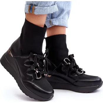 Dámská zimní obuv DÁMSKÉ KOTNÍKOVÉ BOTY NA KLÍNKU SE STŘAPCI EKO KOŽENÉ ŠNUROVACÍ ČERNÉ 36