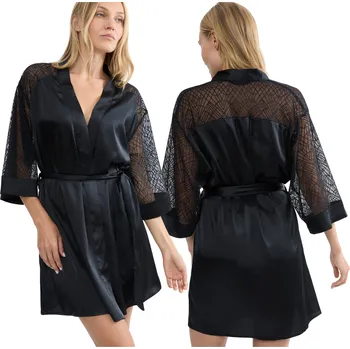 Dámské noční prádlo Smyslný saténový župan s krajkou, krátké kimono Triumph, černý, velikost 44