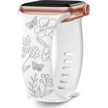Květinový gravírovaný řemínek 42 44 45 46 49 mm pro Apple Watch Series 1–10 SE SE2 Silikonový pásek s motýly a divokými květinami bílá