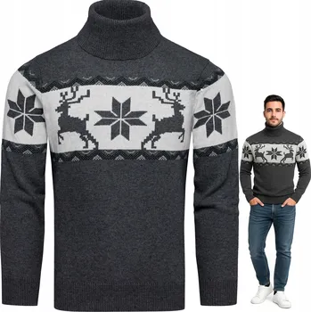 Pánský svetr Vánoční pánský vlněný svetr s rolákem, norský vzor, grafitová barva, velikost M