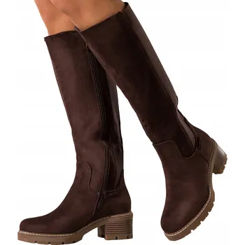 Dámské kozačky KOZAČKY Čokoládové Dámské Módní S Vzorkovanou Podrážkou SEMIŠOVÉ S Gumou vel. 36