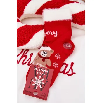 Vánoční dětské ponožky s kožíškem a medvídky a alpaka vlna Červené 32-35