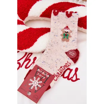 Dětská móda Dětské vánoční ponožky S Medvídkem A Srdíčky Alpaka Vlna Béžové 32-35