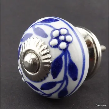 Nábytkové kování Nábytková úchytka bílá s modrou reliéfní kresbou 4 cm - knopka