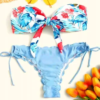 Dámské plavky BRAZILSKÉ BIKINY S KVĚTINAMI, BANDEAU PODPRSENKA, DVOUDÍLNÉ, VELIKOST M