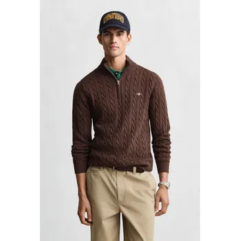 Pánský svetr SVETR GANT COTTON CABLE HALF ZIP BROWN MELANGE