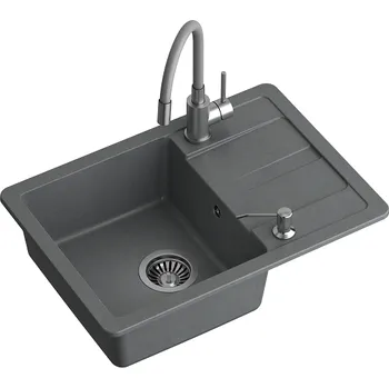 Kuchyňský dřez Šedý kuchyňský granitový dřez QUADRON READY- SMART + BATERIE A DÁVKOVAČ Dárek ZDARMA: bambusové prkénko 36x20x1,2cm