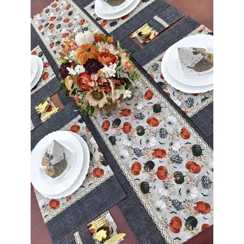 Příbor Jídelní sada podzimní - běhoun, 6 prostírání, 6 pouzder na příbory - dýně v kombinaci s černou