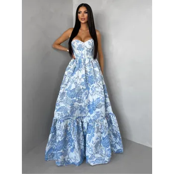 Dámské šaty Modré společenské dlouhé šaty VENOLIA s květinovým vzorem Velikost: M