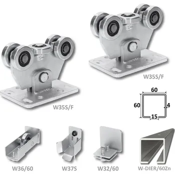 Pohon brány sada pro nesenou bránu W Set 60/Fe - kompletní sada na posuvnou bránu do 250 kg, 6 m C profil 60 x 60 x 4 mm s předvrtanými otvory, vozíky, kapsa, kolo, uzávěr