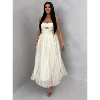 Dámské šaty Krémové společenské tylové midi šaty SOLAVIE Velikost: M