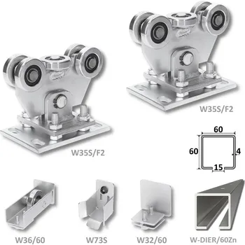 Pohon brány sada pro nesenou bránu W Set 60/Zn-F2, stavitelné vozíky - kompletní sada na posuvnou bránu do 250 kg, 6 m C profil 60 x 60 x 4 mm Zn s předvrtanými otvory, výškově nastavitelné vozíky, kapsa, kolo, uzávěr