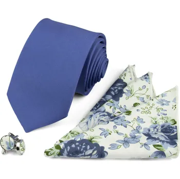 Kravata Modrý denim pánský set – kravata, kapesníček a manžetové knoflíčky