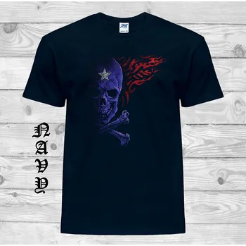 Pánské tričko levne-bavlnene-rockove-tricko-potisk-polovina lebky Barva: Navy - tmavě modrá, velikost: S