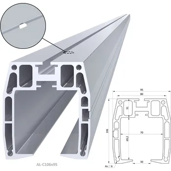Stavební profil C profil 95 x 106 mm, hliník bez povrchové úpravy, délka 1 m - profil pro nesenou bránu, přírodní hliník bez povrchové úpravy, předvrtané otvory, prodej v délkách 6, 3, 2 a 1 m