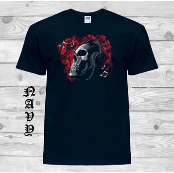 Pánské tričko levne-bavlnene-rockove-tricko-potisk-lebka-sluchatka Barva: Navy - tmavě modrá, velikost: XL