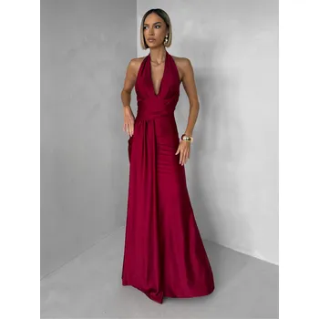 Dámské šaty Bordó saténové dlouhé společenské šaty CELESTIA s vlečkou Velikost: ONESIZE