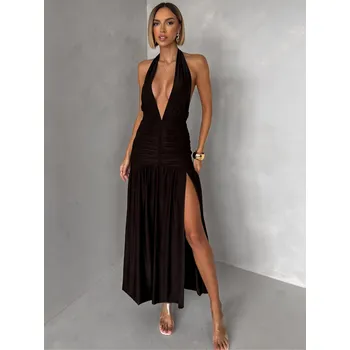 Dámské šaty Tmavě hnědé řasené šaty KIMBERLEY s rozparkem Velikost: ONESIZE