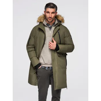 Pánská casual bunda Ombre Alaskan men's winter jacket with detachable fur from the hood - dark olive green Ombre kaki 2580790