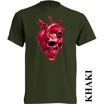 Pánská móda panske-levne-bavlnene-tricko-digi-potisk-lebka-srdce Barva: Khaki, velikost: XS