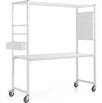 Dílenský stůl Mobilní multifunkční stůl TEAMWORK, box na příslušenství, perforovaný panel, bílá/whiteboard deska
