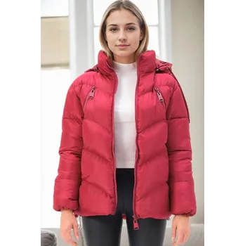 Z9769 DEWBERRY WOMEN'S COAT-BURGUNDY dewberry černá | bílá | tmavě červená 3459897