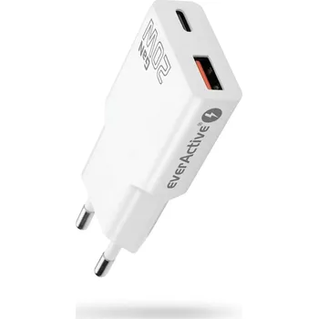 Síťová nabíječka everActive GaN Super Slim 20 W s USB‑C PD a USB‑A QC 3.0