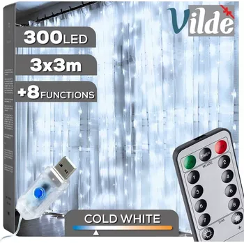 Vánoční dekorace Světelná závěsná opona s dálkovým ovládáním 300 LED 3 × 3 m, studená bílá