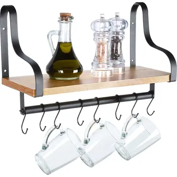 police Nástěnná police s relingem a háčky ze dřeva 43 × 18 × 26 cm